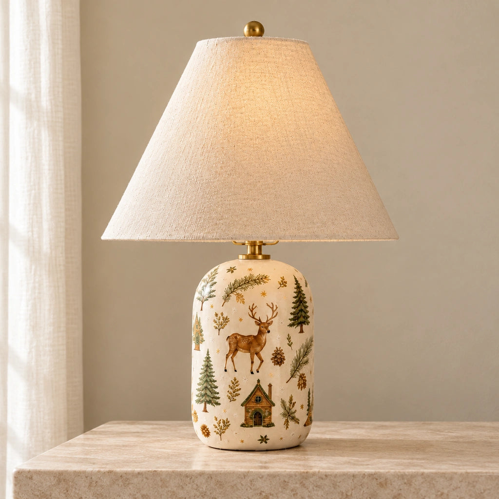 Retro Table Lamp with Patterned Ceramic Base and Linen Shade