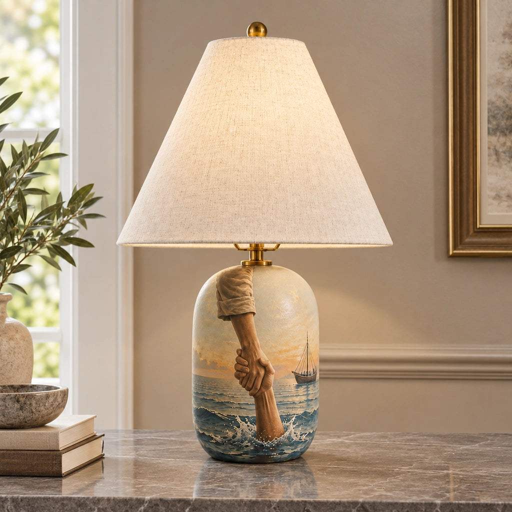 Retro Table Lamp with Patterned Ceramic Base and Linen Shade