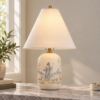Retro Table Lamp with Patterned Ceramic Base and Linen Shade