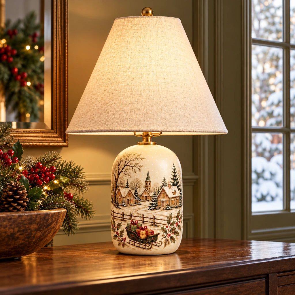 Retro Table Lamp with Patterned Ceramic Base and Linen Shade