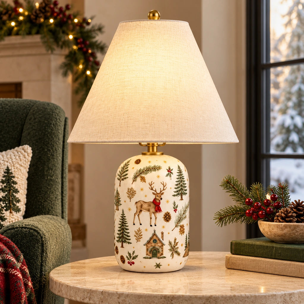 Retro Table Lamp with Patterned Ceramic Base and Linen Shade
