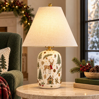 Retro Table Lamp with Patterned Ceramic Base and Linen Shade