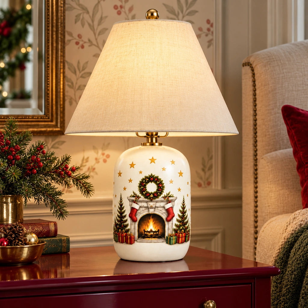 Retro Table Lamp with Patterned Ceramic Base and Linen Shade