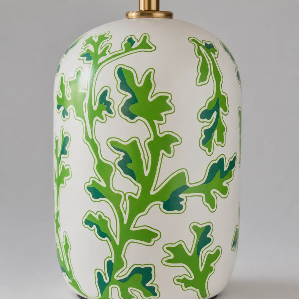 Retro Table Lamp with Patterned Ceramic Base and Linen Shade