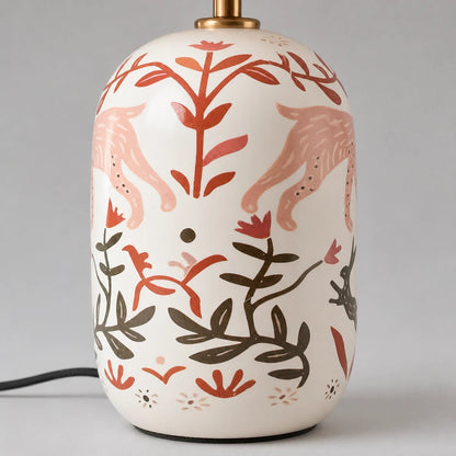 Retro Table Lamp with Patterned Ceramic Base and Linen Shade