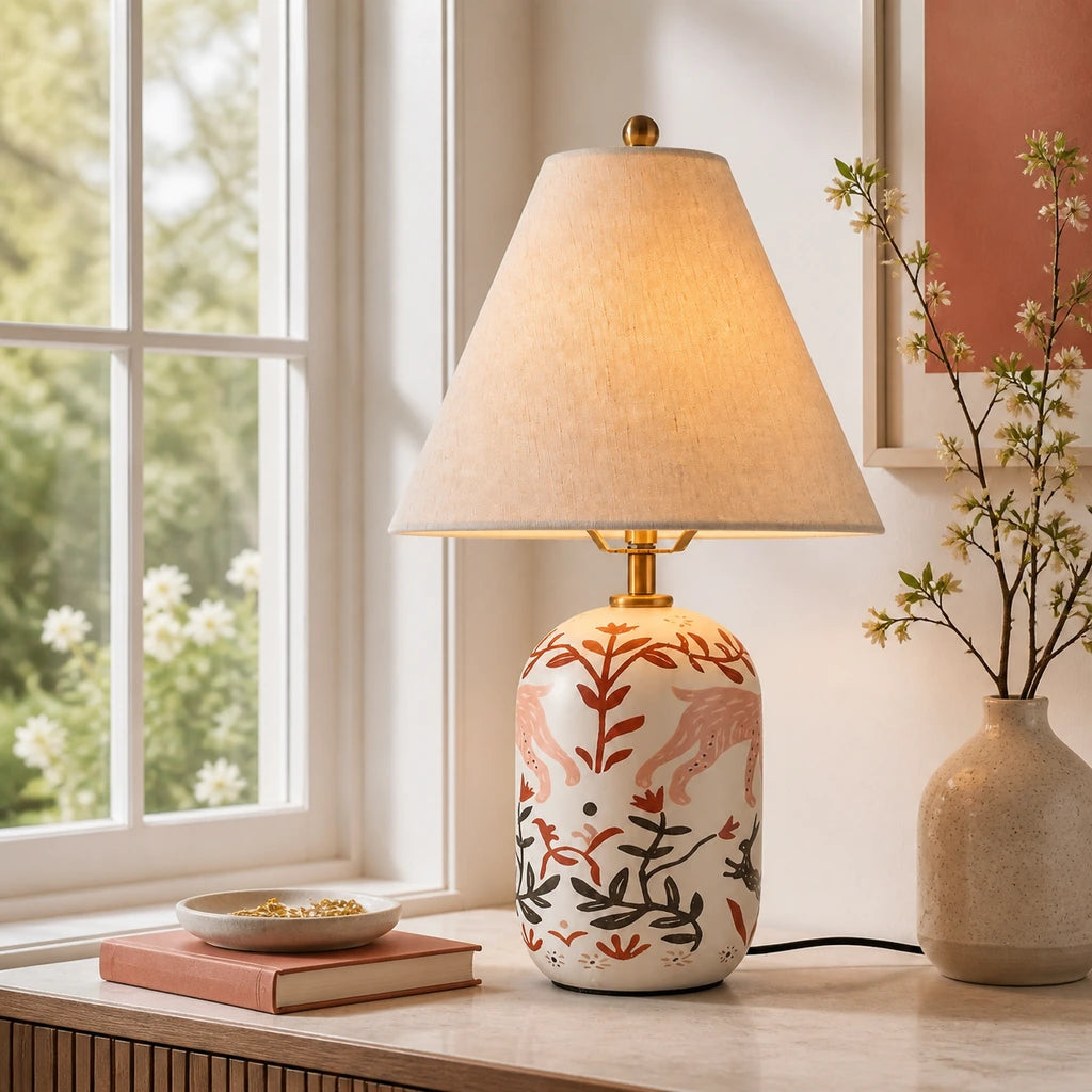 Retro Table Lamp with Patterned Ceramic Base and Linen Shade