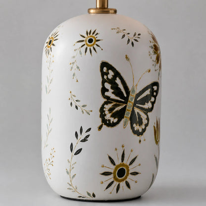 Retro Table Lamp with Patterned Ceramic Base and Linen Shade