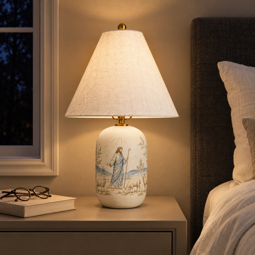 Retro Table Lamp with Patterned Ceramic Base and Linen Shade