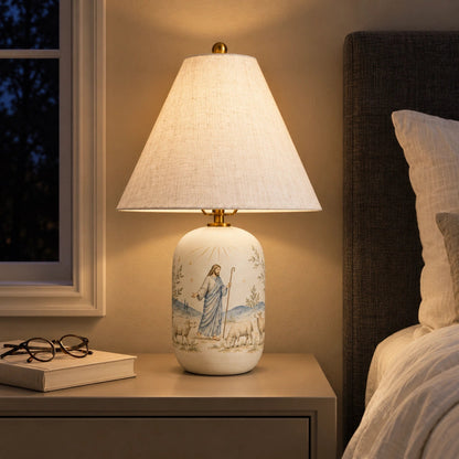 Retro Table Lamp with Patterned Ceramic Base and Linen Shade