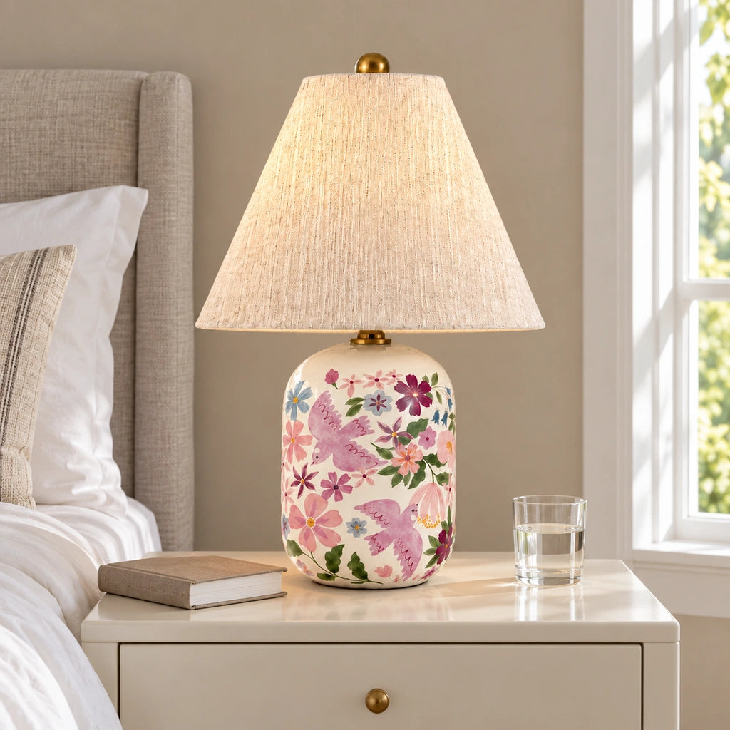 Retro Table Lamp with Patterned Ceramic Base and Linen Shade
