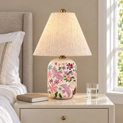 Retro Table Lamp with Patterned Ceramic Base and Linen Shade