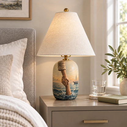 Retro Table Lamp with Patterned Ceramic Base and Linen Shade