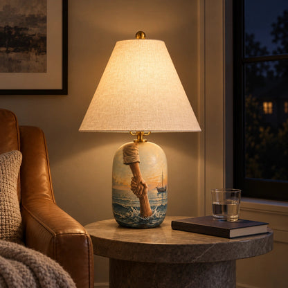 Retro Table Lamp with Patterned Ceramic Base and Linen Shade