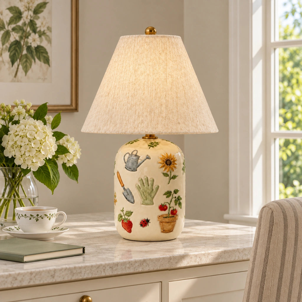Retro Table Lamp with Patterned Ceramic Base and Linen Shade