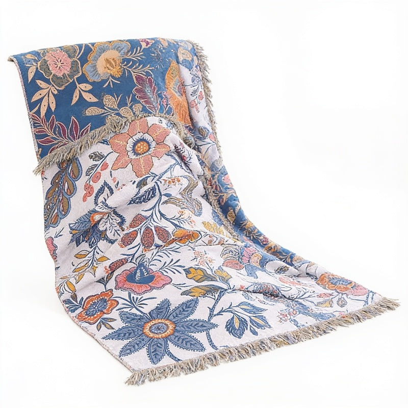 Reversible Flower Print Throw with Tassels and Jacquard Weave