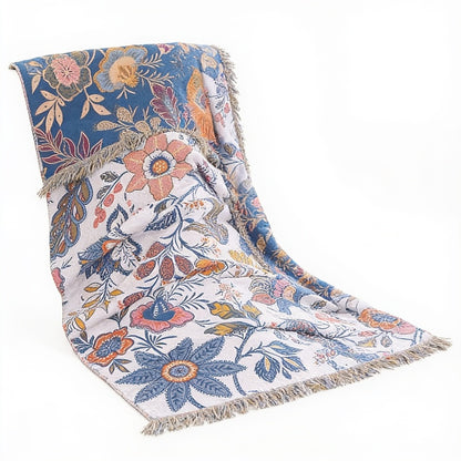 Reversible Flower Print Throw with Tassels and Jacquard Weave