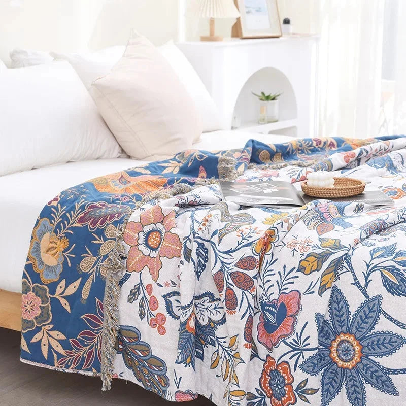 Reversible Flower Print Throw with Tassels and Jacquard Weave