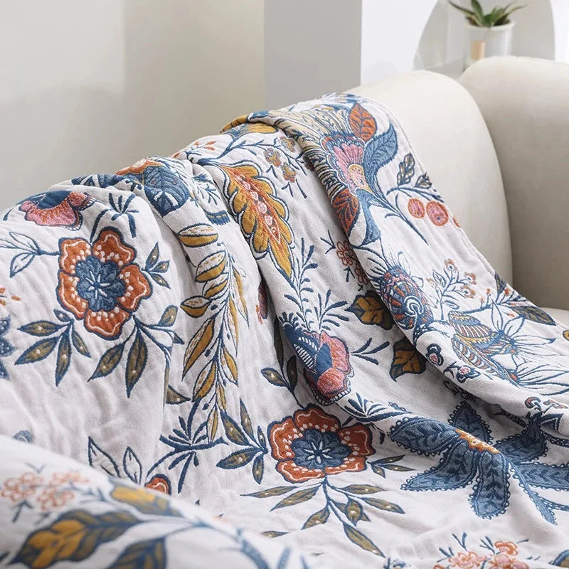 Reversible Flower Print Throw with Tassels and Jacquard Weave