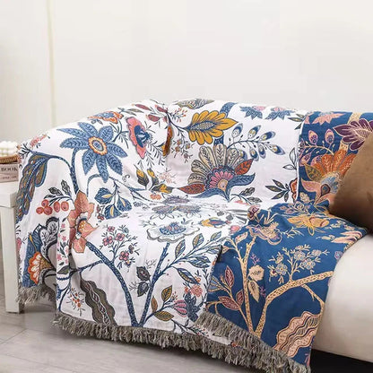 Reversible Flower Print Throw with Tassels and Jacquard Weave