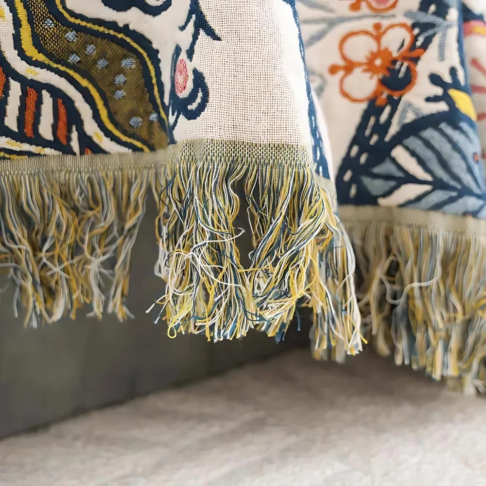 Reversible Flower Print Throw with Tassels and Jacquard Weave