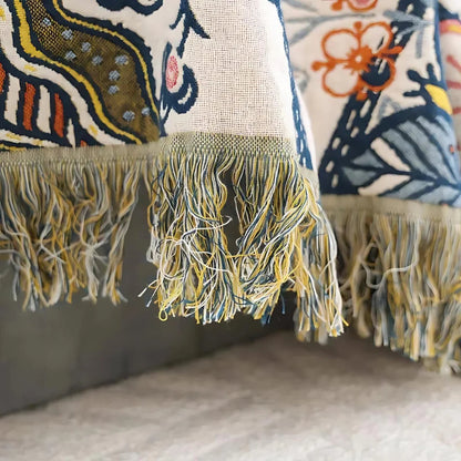Reversible Flower Print Throw with Tassels and Jacquard Weave