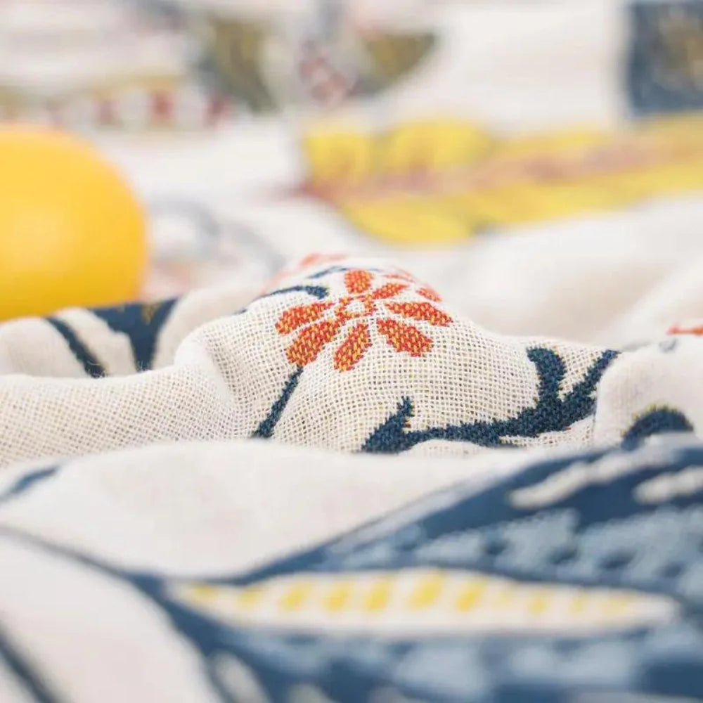 Reversible Flower Print Throw with Tassels and Jacquard Weave