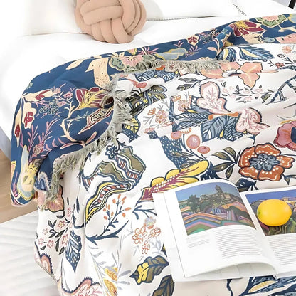 Reversible Flower Print Throw with Tassels and Jacquard Weave