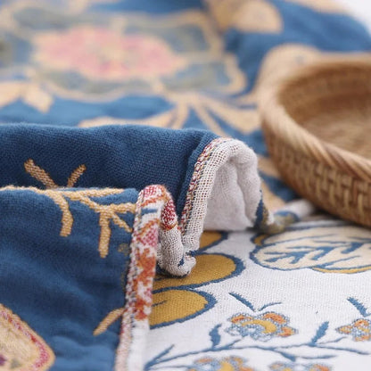 Reversible Flower Print Throw with Tassels and Jacquard Weave