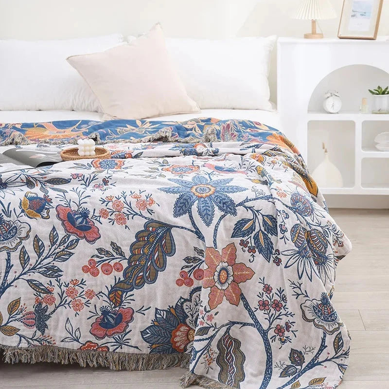 Reversible Flower Print Throw with Tassels and Jacquard Weave
