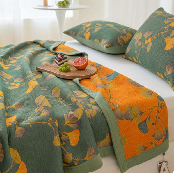 Reversible Ginkgo Leaf Jacquard Quilt with Cotton and Soy Fiber Blend