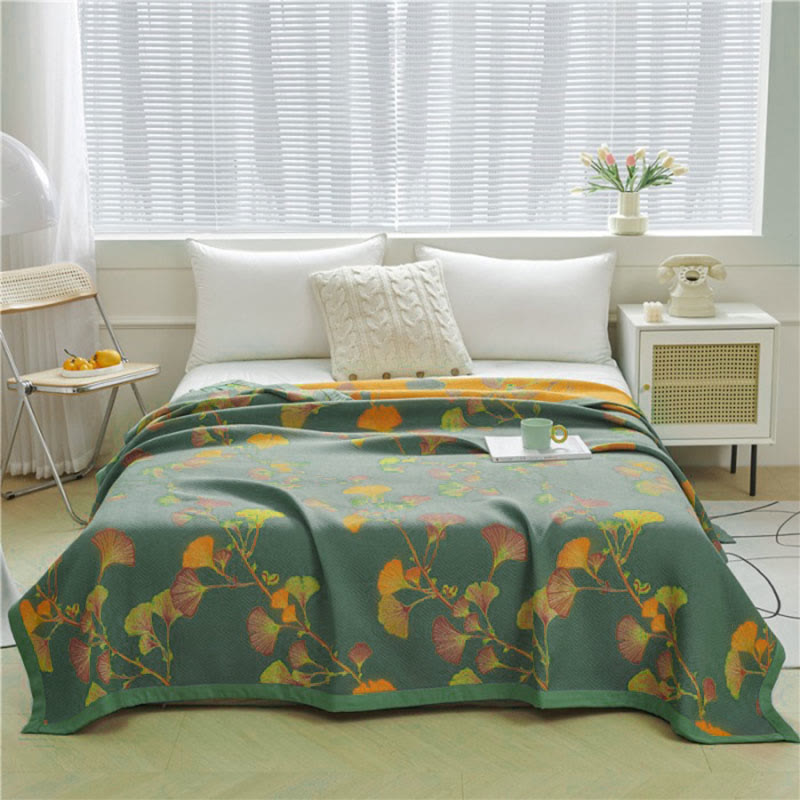 Reversible Ginkgo Leaf Jacquard Quilt with Cotton and Soy Fiber Blend