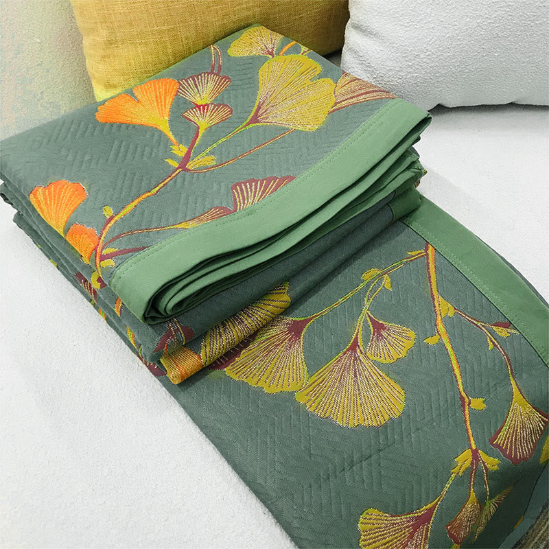 Reversible Ginkgo Leaf Jacquard Quilt with Cotton and Soy Fiber Blend