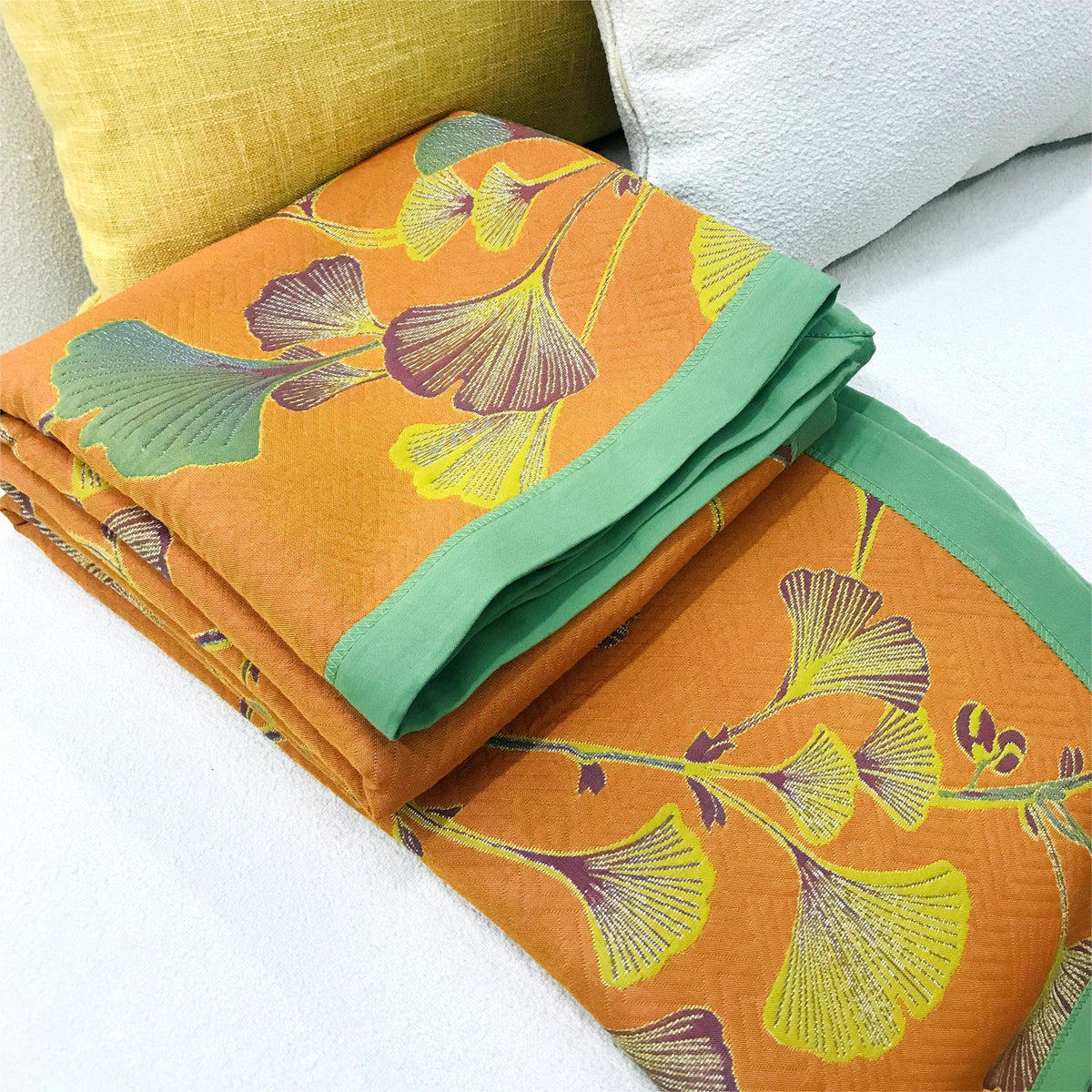 Reversible Ginkgo Leaf Jacquard Quilt with Cotton and Soy Fiber Blend