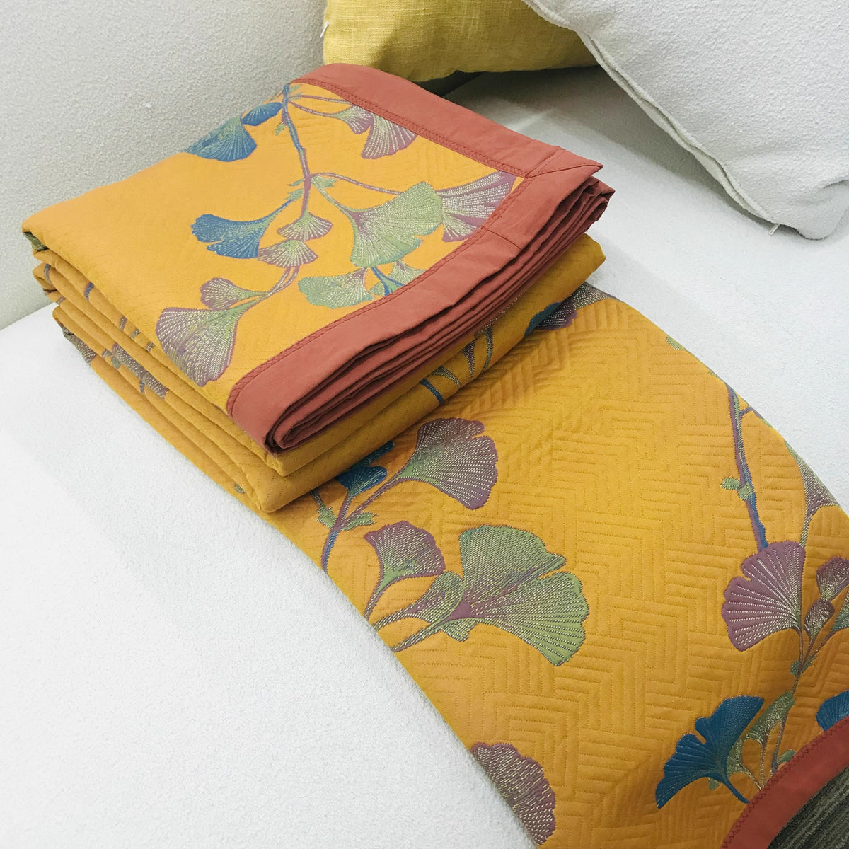 Reversible Ginkgo Leaf Jacquard Quilt with Cotton and Soy Fiber Blend