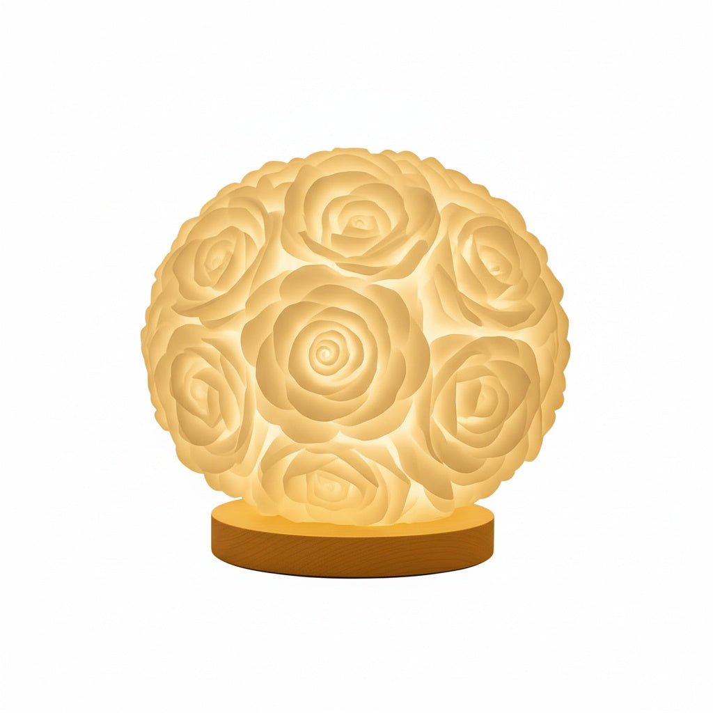 Rose Ball Table Lamp Romantic Floral Night Light with Warm Glow and Wood Base