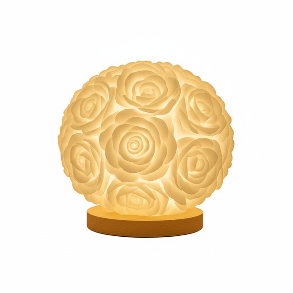 Rose Ball Table Lamp Romantic Floral Night Light with Warm Glow and Wood Base