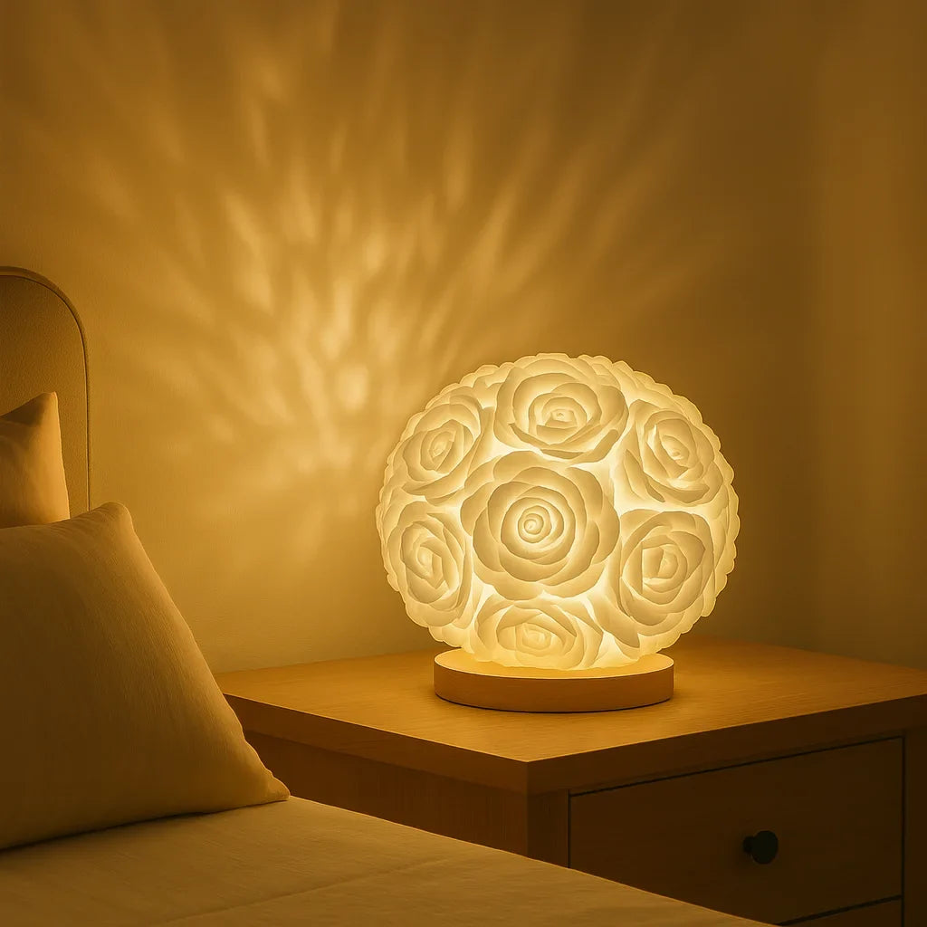 Rose Ball Table Lamp Romantic Floral Night Light with Warm Glow and Wood Base