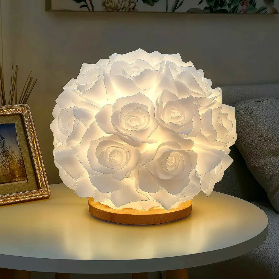 Rose Ball Table Lamp Romantic Floral Night Light with Warm Glow and Wood Base