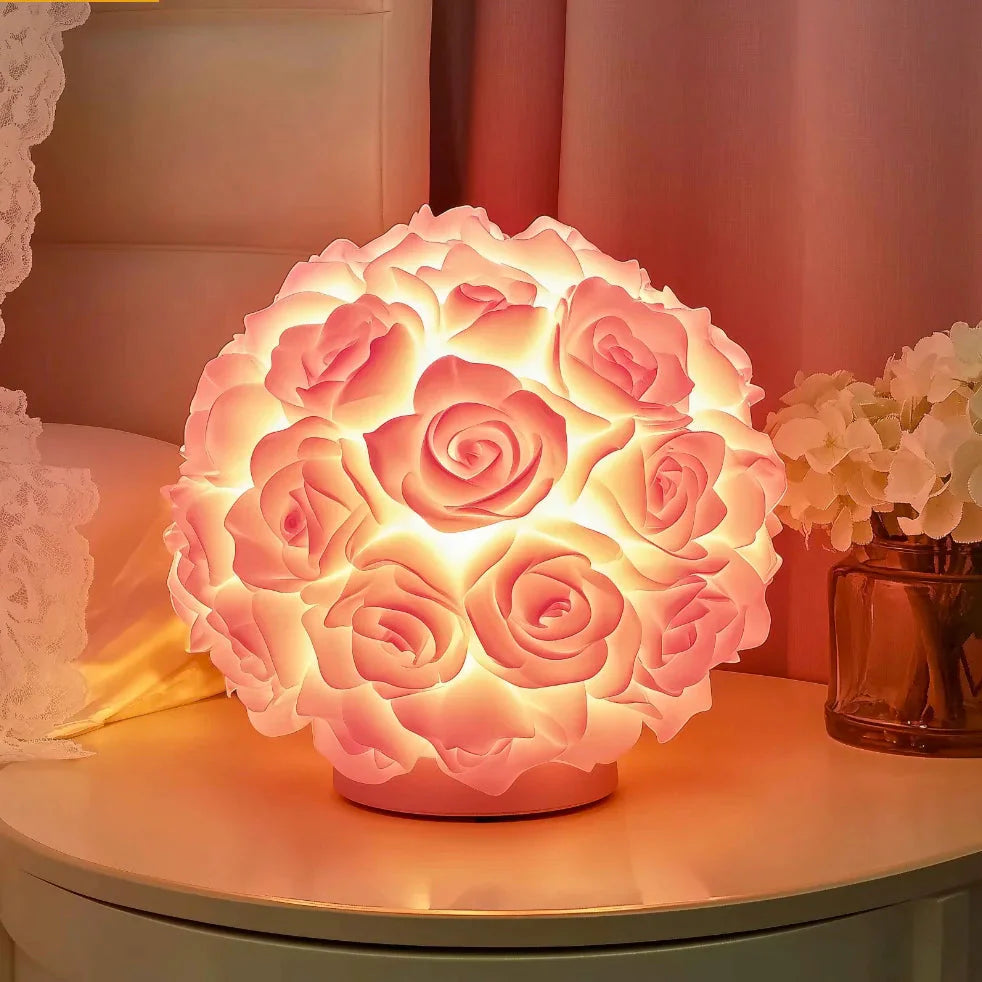Rose Ball Table Lamp Romantic Floral Night Light with Warm Glow and Wood Base