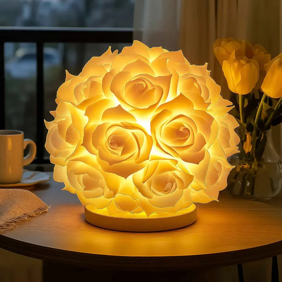 Rose Ball Table Lamp Romantic Floral Night Light with Warm Glow and Wood Base
