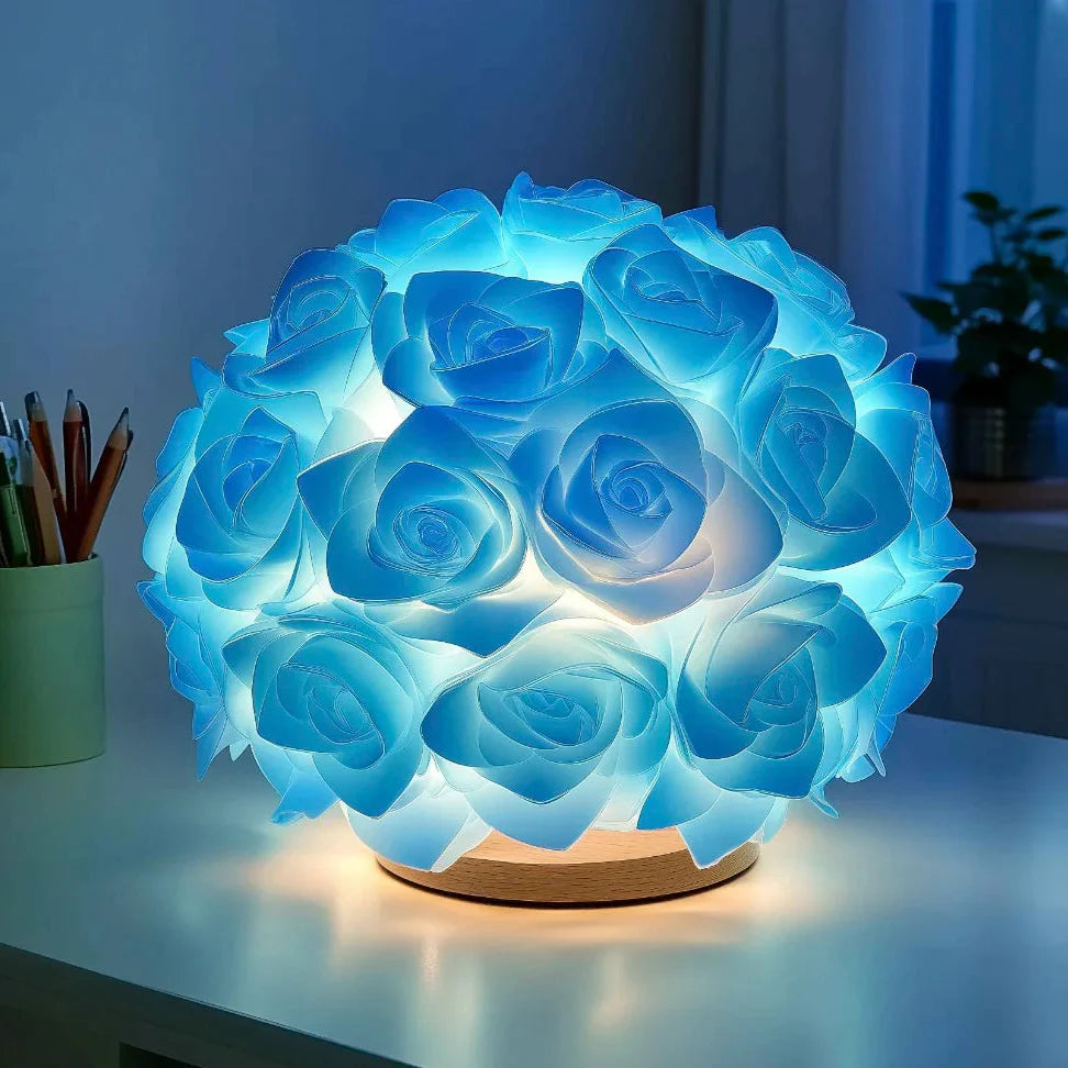 Rose Ball Table Lamp Romantic Floral Night Light with Warm Glow and Wood Base