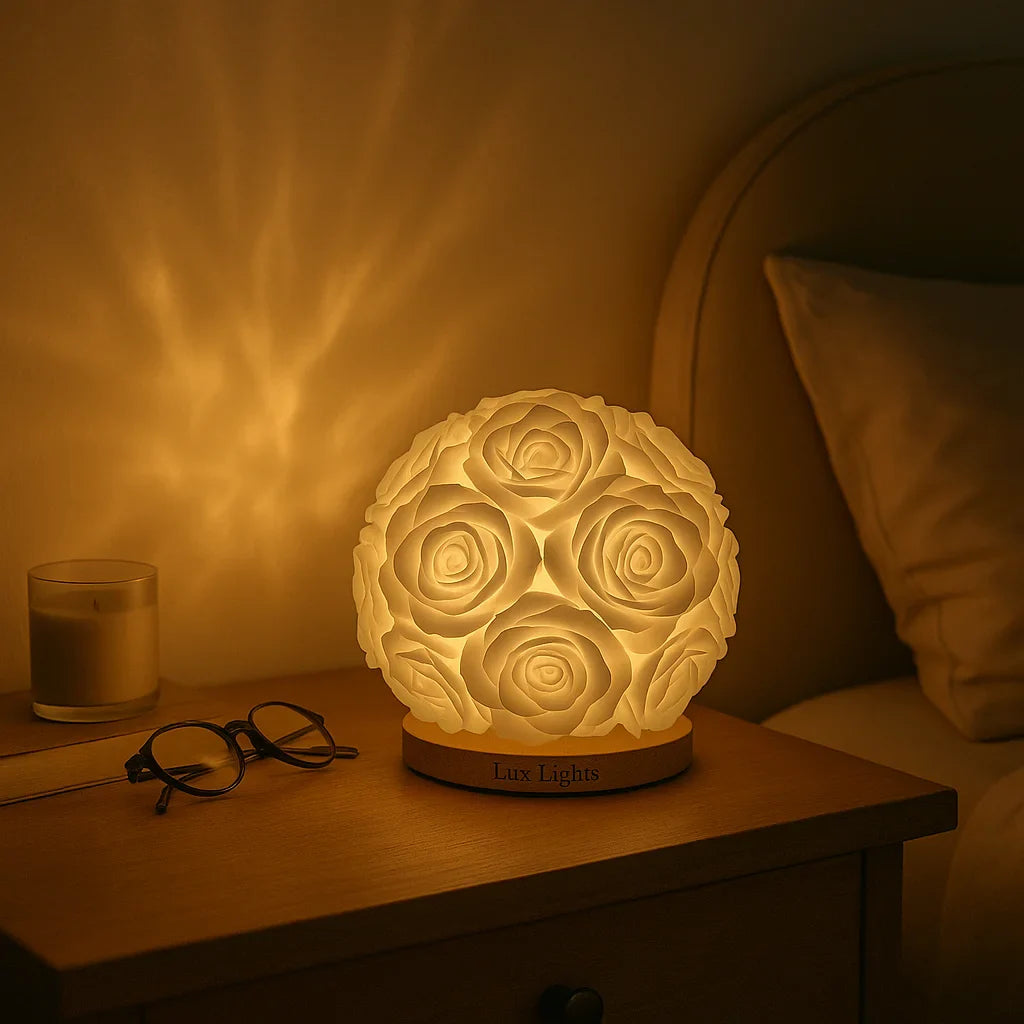 Rose Ball Table Lamp Romantic Floral Night Light with Warm Glow and Wood Base