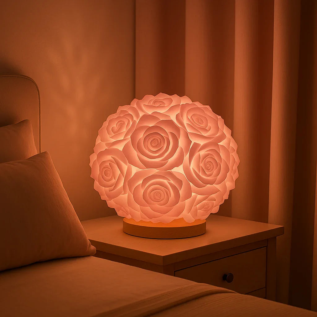 Rose Ball Table Lamp Romantic Floral Night Light with Warm Glow and Wood Base