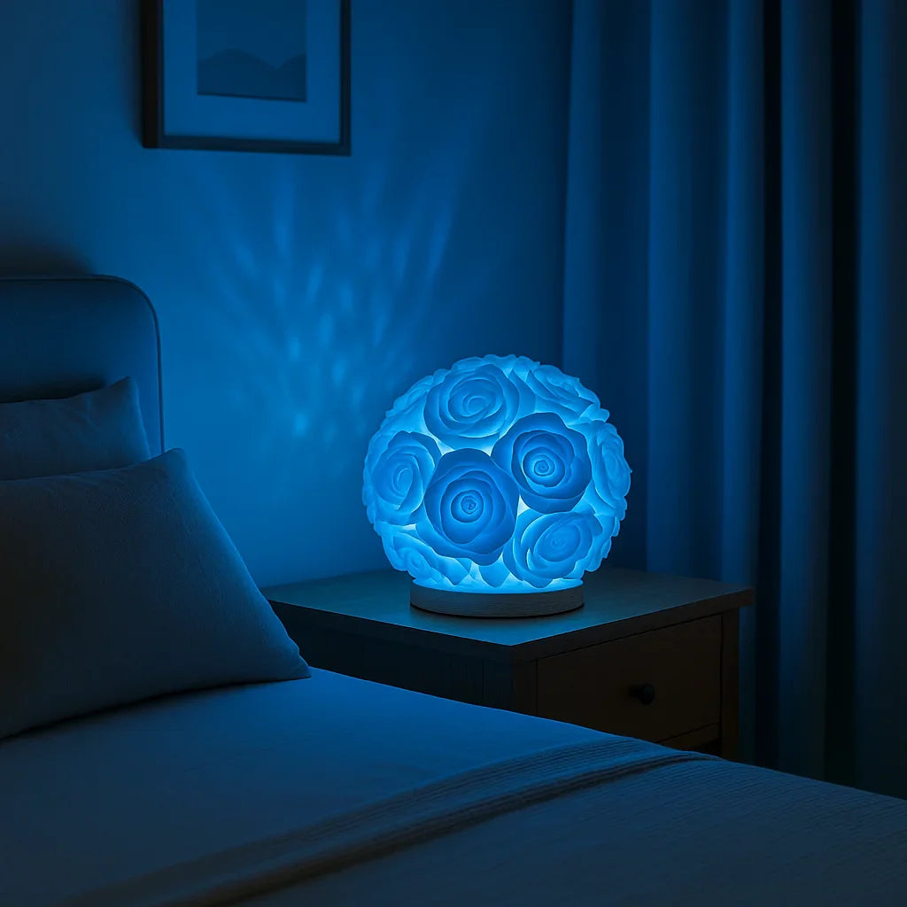 Rose Ball Table Lamp Romantic Floral Night Light with Warm Glow and Wood Base