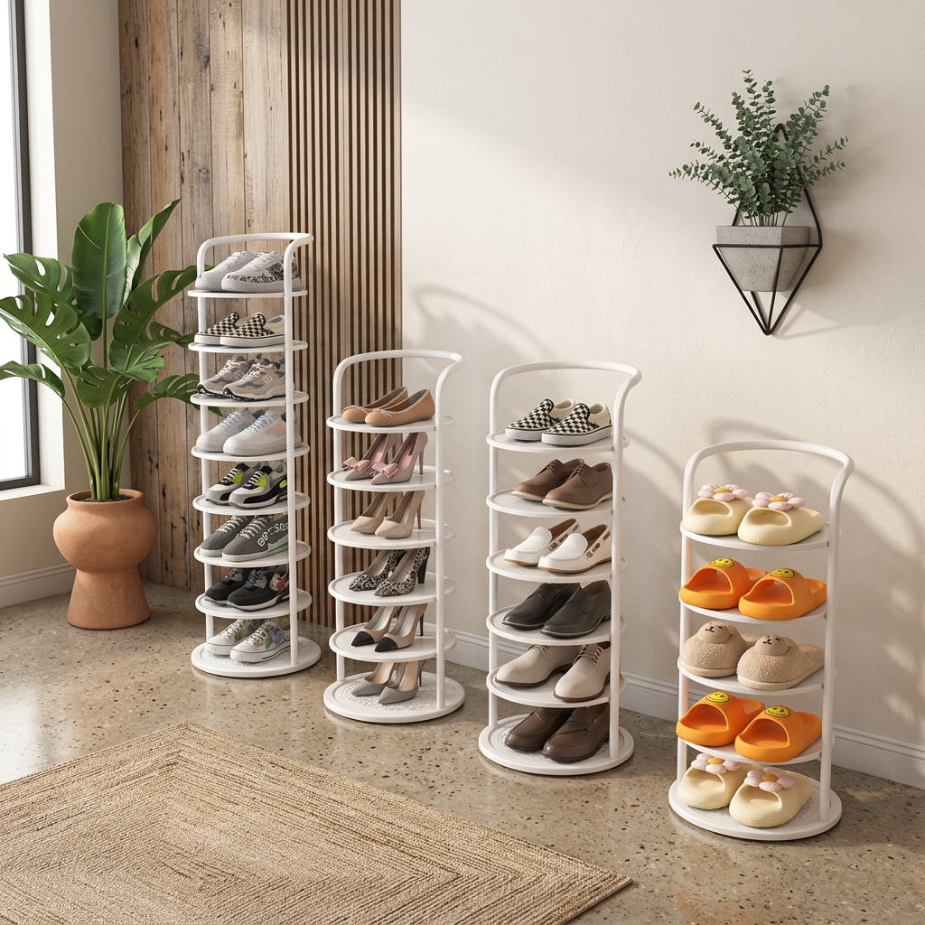Rotating Shoe Rack Freestanding Vertical Tower with 360° Swivel Base