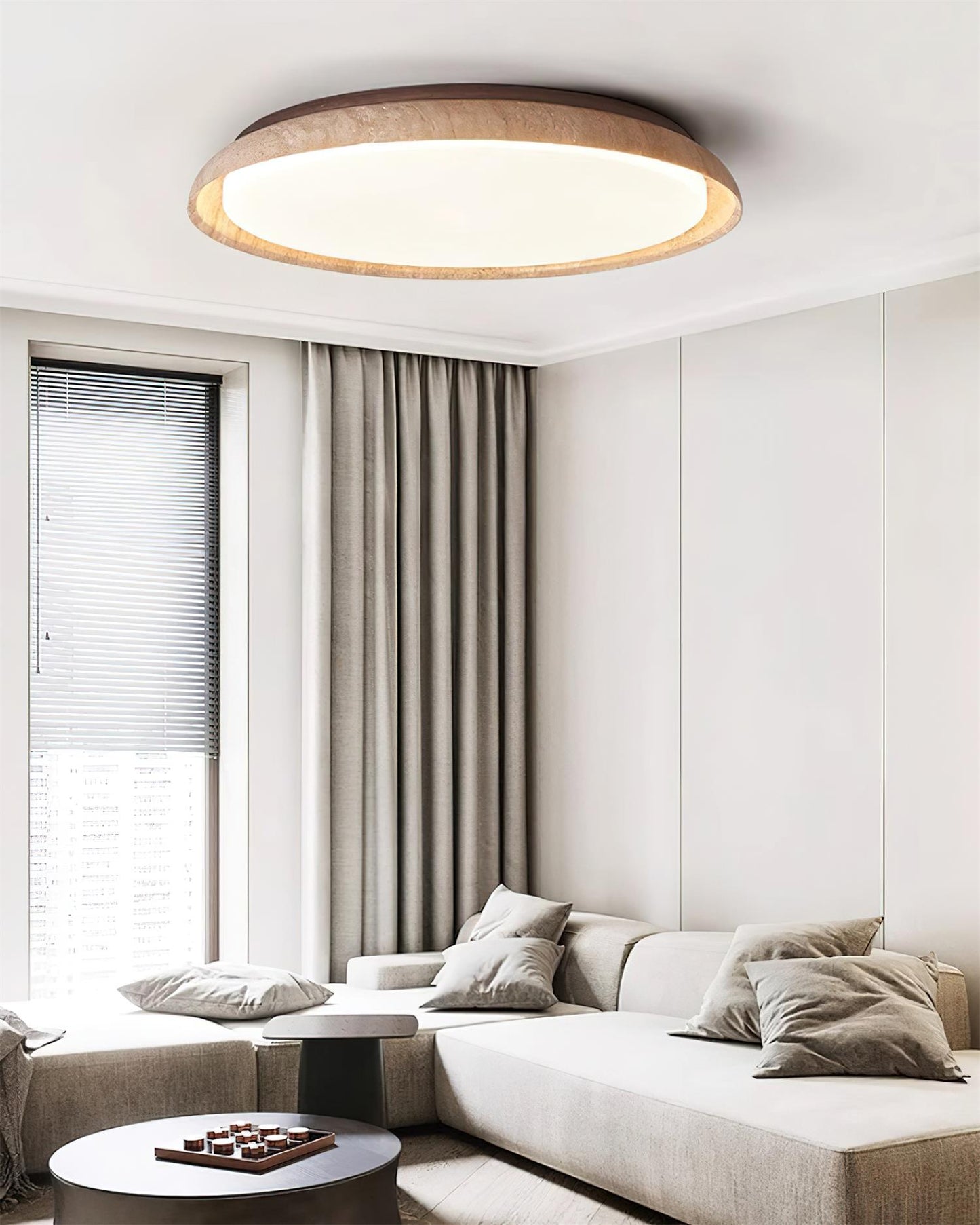 Round Ceiling Light Scandinavian with Travertine Stone Ring and Integrated LED