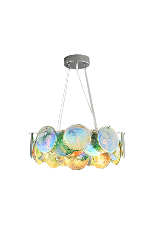 Round Chandelier with Iridescent Glass Discs and Chrome Finish