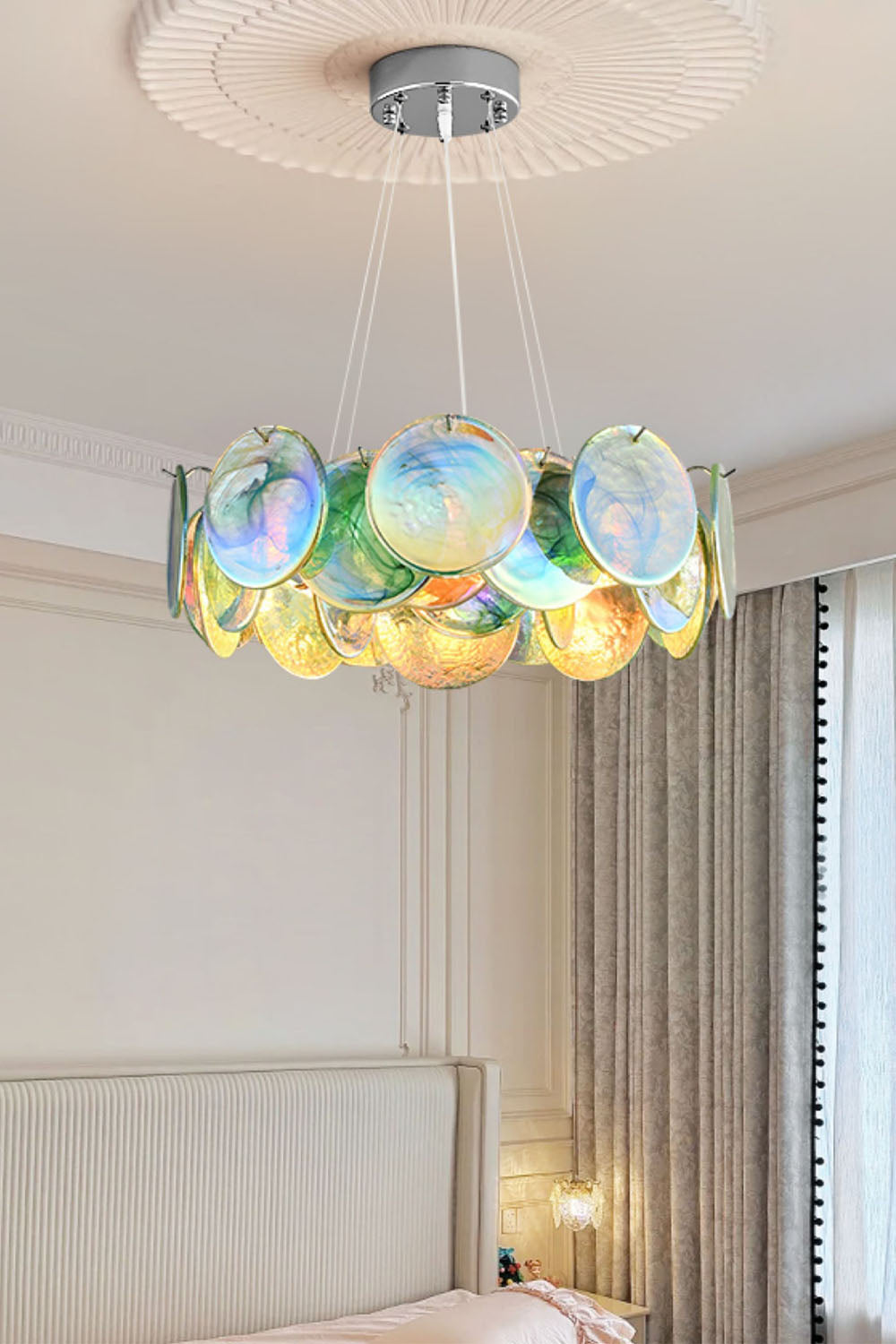 Round Chandelier with Iridescent Glass Discs and Chrome Finish