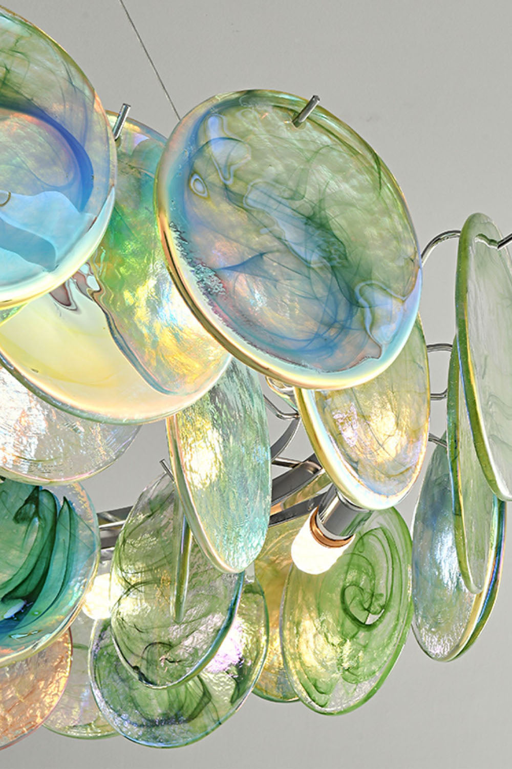 Round Chandelier with Iridescent Glass Discs and Chrome Finish