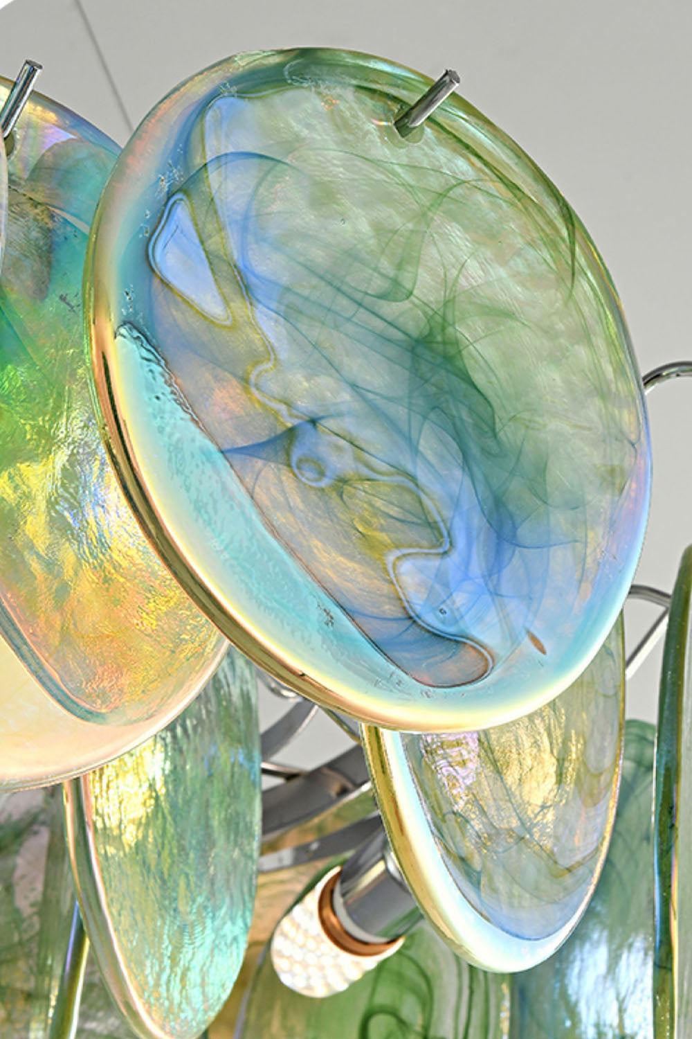 Round Chandelier with Iridescent Glass Discs and Chrome Finish